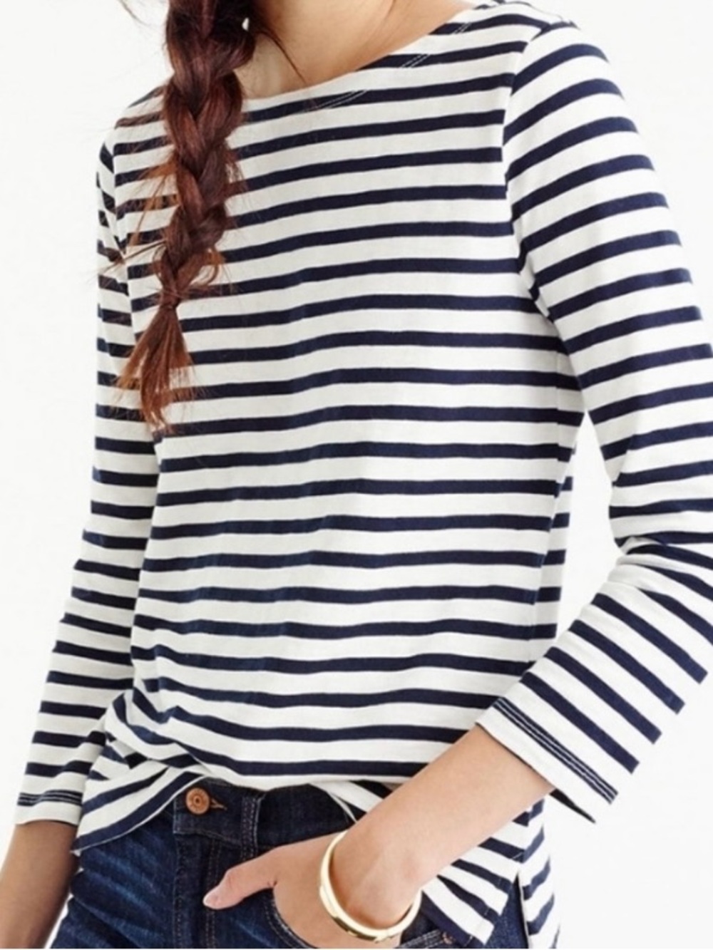 J Crew Navy Blue & White Striped Boatneck TShirt